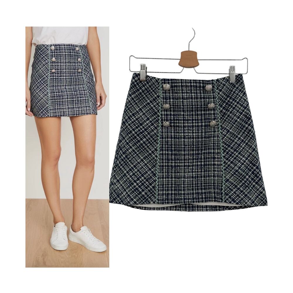 Veronica Beard Starck Skirt Tweed Plaid Button Front Mini Blue Womens 0